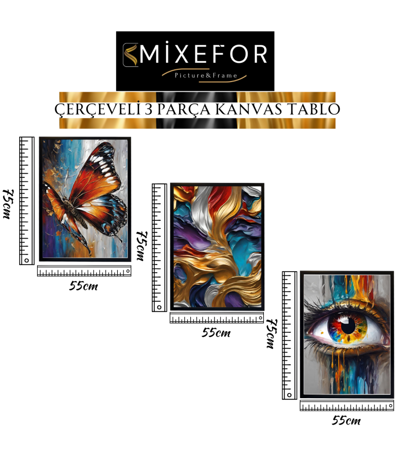 Çerçeveli 3Parça Kanvas Tablo Seti -Soyut Modern Kanvas Tablo Set