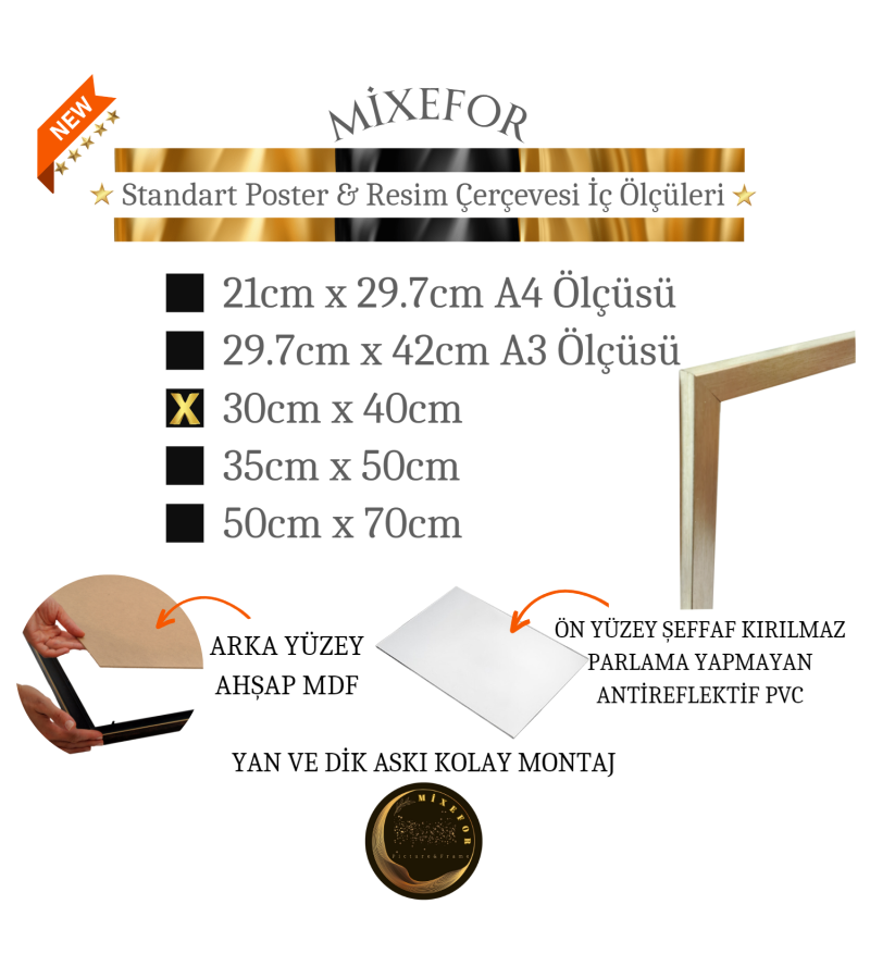 30cmX 40cm Ölçü Gümüş Renk Poster  Fotoğraf Resim Evrak  Çerçevesi