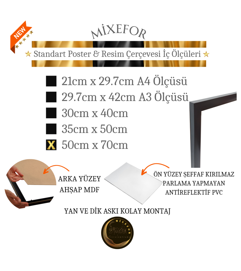 50cm x 70cm Ölçülerinde Poster Afiş Resim Çerçevesi Renk Siyah