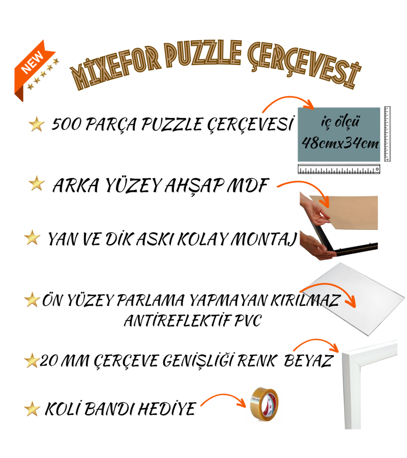 Puzzle Yapboz Çerçevesi 260 ve 500 Parça 48cm x 34cm Ölçülerinde Beyaz Renk Çerçeve