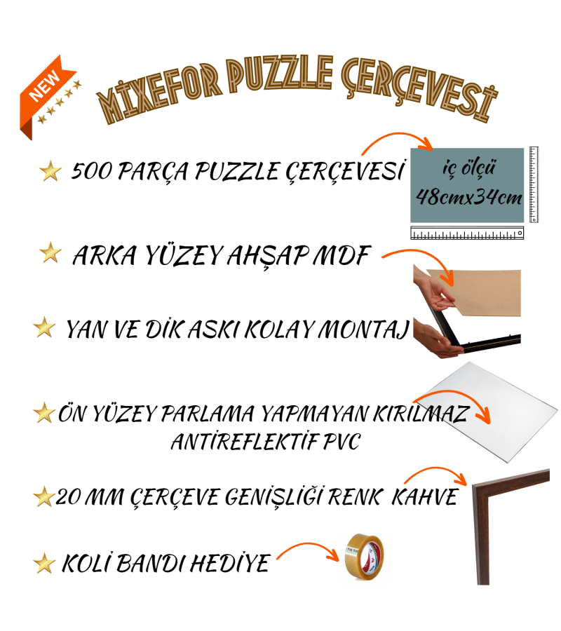 Puzzle Yapboz Çerçevesi 260 ve 500 Parça 48cm x 34cm Ölçülerinde Kahve  Renk Çerçeve