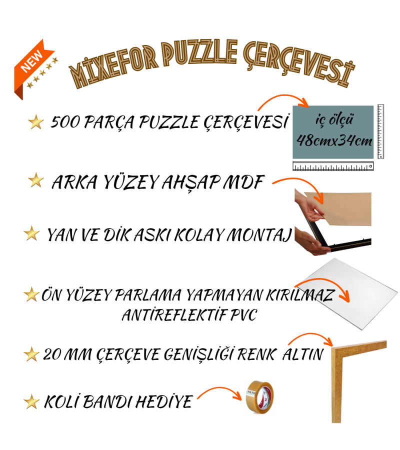 Puzzle Yapboz Çerçevesi 260 ve 500 Parça 48cm x 34cm Ölçülerinde Altın Renk Çerçeve