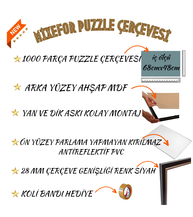 1000 Parça Puzzle Çerçevesi 68cm x 48cm Ölçü -Renk Siyah Gümüş Şerit