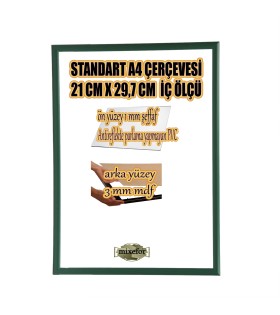 STANDART A4 ÇERÇEVE-RENK YEŞİL-ARKA YÜZEY 3MM MDF- ÖN 1MM KIRILMAZ ANTİREFLEKTE   MAT ŞEFFAF YÜZEY 