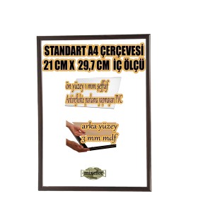 A4 ÇERÇEVE-RENK KOYU KAHVE-ARKA YÜZEY 3MM MDF- ÖN 1MM KIRILMAZ ANTİREFLEKTE   MAT ŞEFFAF YÜZEY
