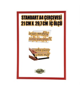 A4 ÇERÇEVE-RENK KIRMIZI -ARKA YÜZEY 3MM MDF- ÖN 1MM KIRILMAZ ANTİREFLEKTE   MAT ŞEFFAF YÜZEY