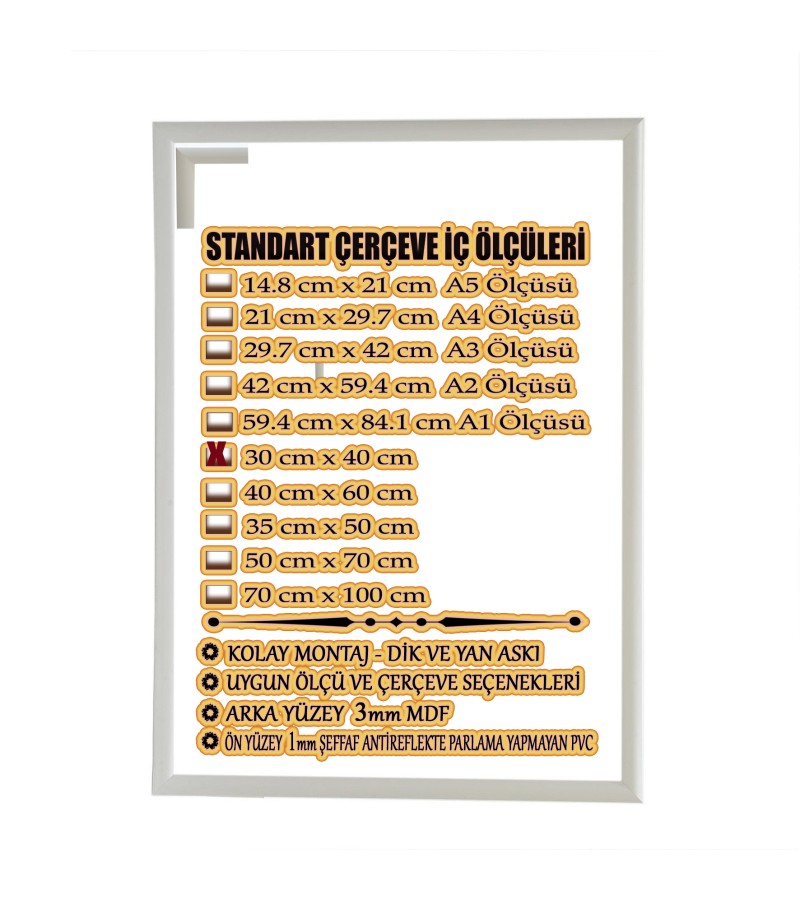 STANDART BOŞ ÇERÇEVE - 30CM X40CM İÇÖLÇÜ -RENK BEYAZ -ARKA YÜZEY MDF-ÖN YÜZEY 1MM ANTİREFLEKTİF