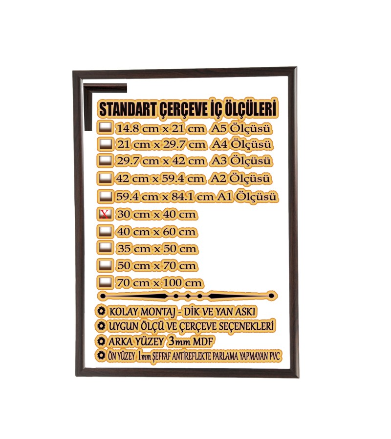 STANDART  BOŞ ÇERÇEVE - 30CM X40CM İÇÖLÇÜ -RENK KOYU KAHVE -ARKA YÜZEY MDF- ÖN YÜZEY  1MM ANTİREFLEKTİF