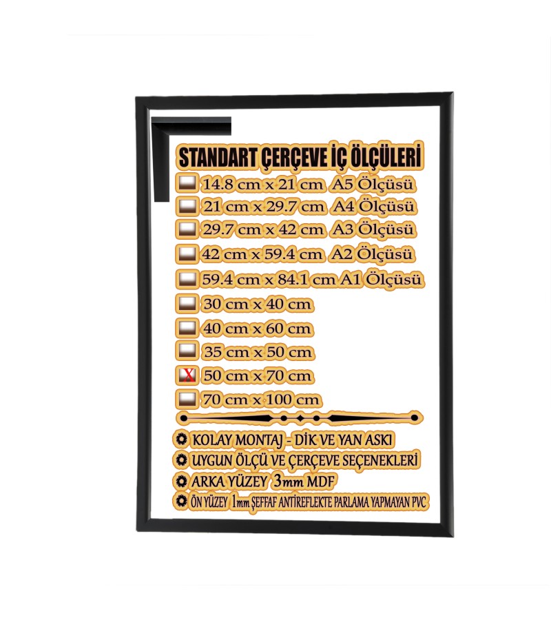 BOŞ ÇERÇEVE - 50CM X 70CM İÇ ÖLÇÜ -RENK SİYAH  -ARKA YÜZEY MDF-  ÖN YÜZEY 1MM ANTİREFLEKTİF