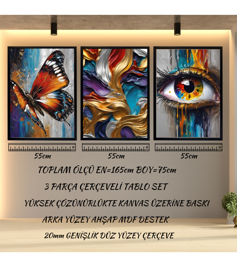 Çerçeveli 3Parça Kanvas Tablo Seti -Soyut Modern Kanvas Tablo Set