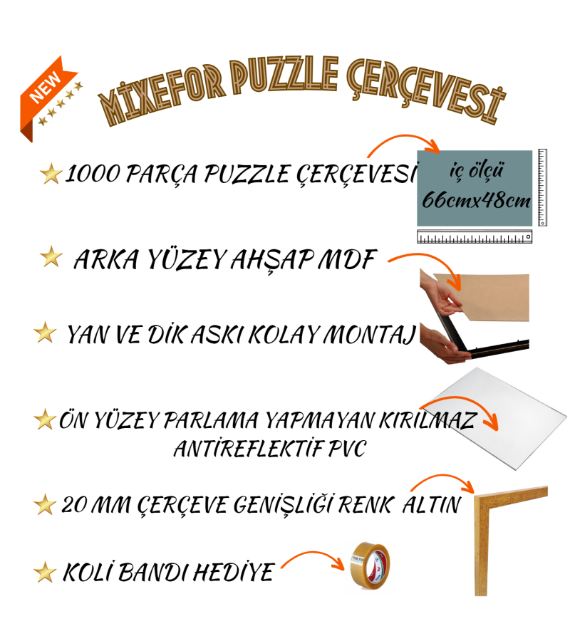 Puzzle Yapboz  Çerçevesi 1000 Parça 66cm x 48cm Ölçülerinde Renk Altın