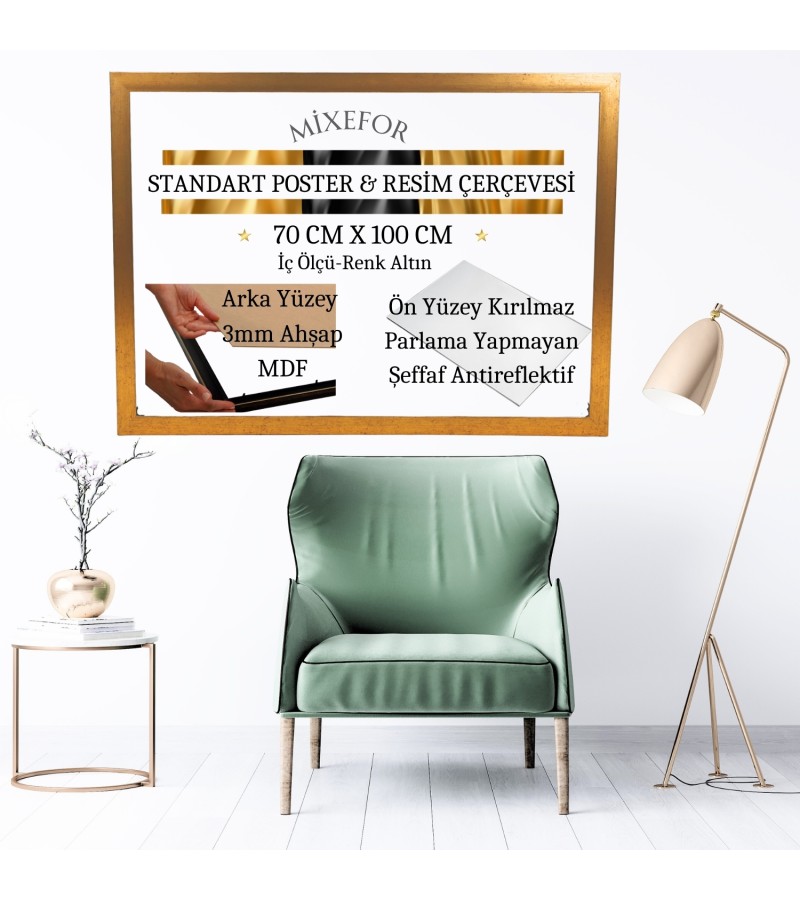 70cm x 100cm Ölçülerinde  Poster Afiş Resim Altın Renk Çerçeve