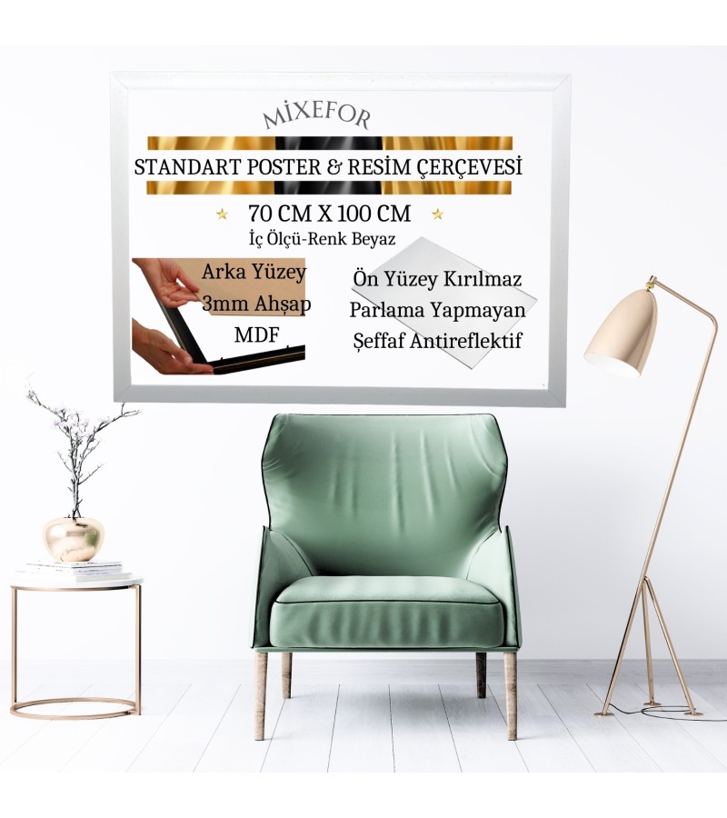 70cm x 100cm Ölçülerinde  Poster Afiş Resim Beyaz Renk Çerçeve